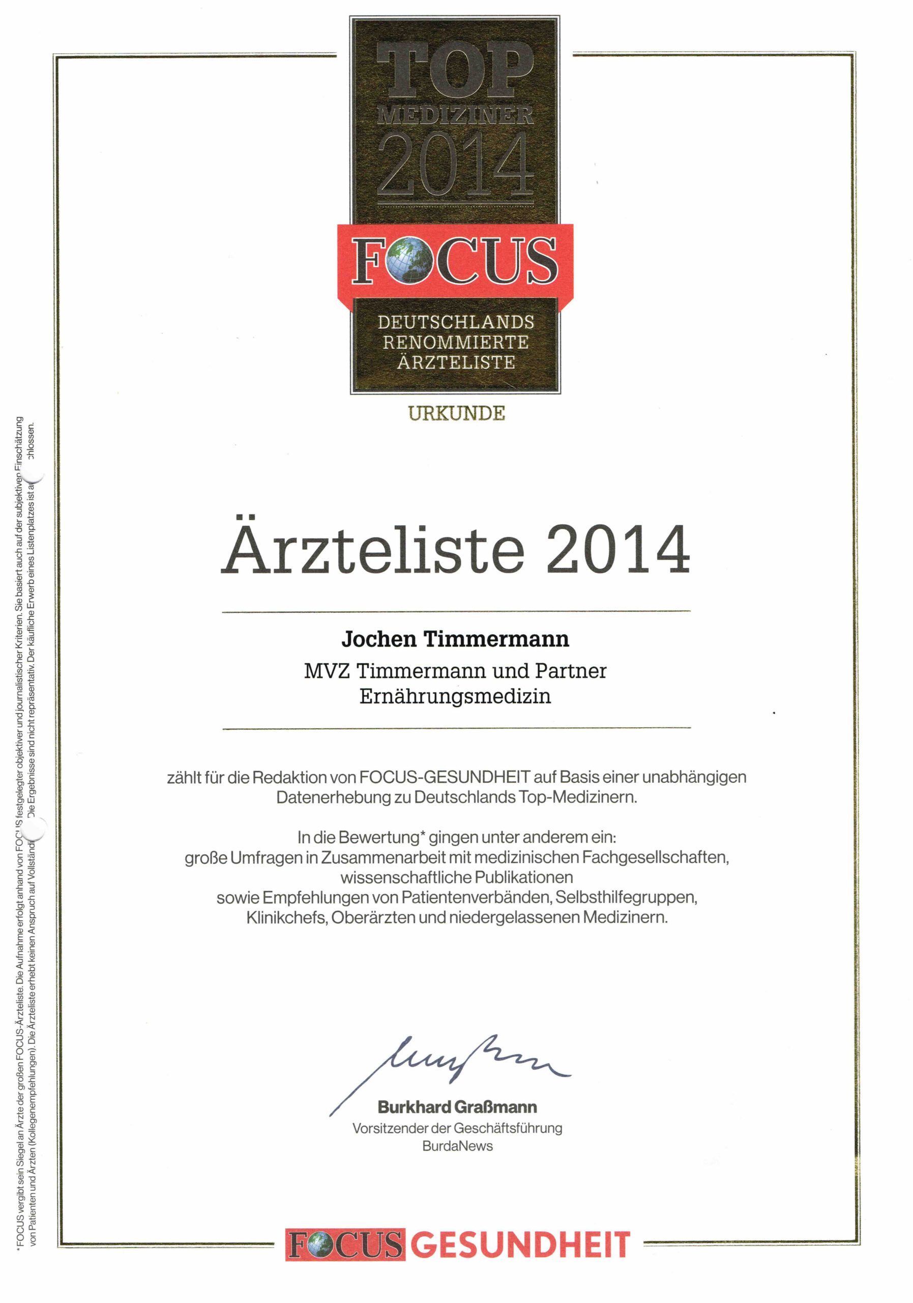 Urkunde des Magazins FOCUS: Jochen Timmermann vom MVZ Timmermann und Partner gehört 2014 zu Deutschlands Top-Ernährungsmedizinern.