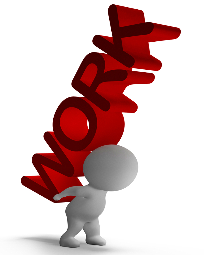 Grafik einer kleinen Figur, die das rote Wort „WORK“ schwer auf dem Rücken trägt – Symbolbild für Arbeitslast und Stress.