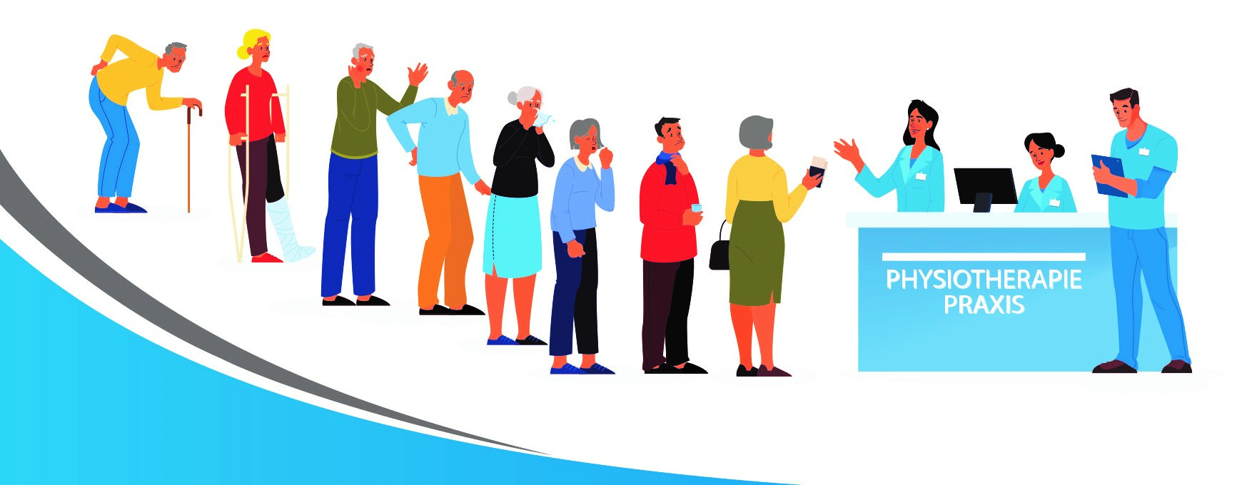 Illustration: Wartende Patient*innen in einer Schlange vor einer Physiotherapie-Praxis als Symbol für den Versorgungsmangel in der Physiotherapie